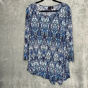 Rafaella L Large Shirt Top Blue Geometric 3/4 Sleeve Scoop Neck Asymmetrical Hem